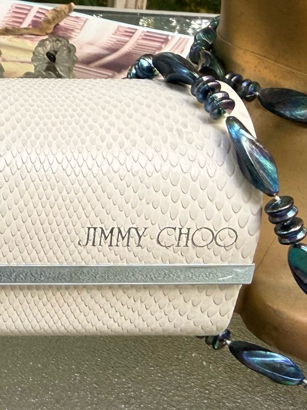 Jimmy Choo Case Reptile Textured Eyeglass Case with Polished Sleek Silver Trim